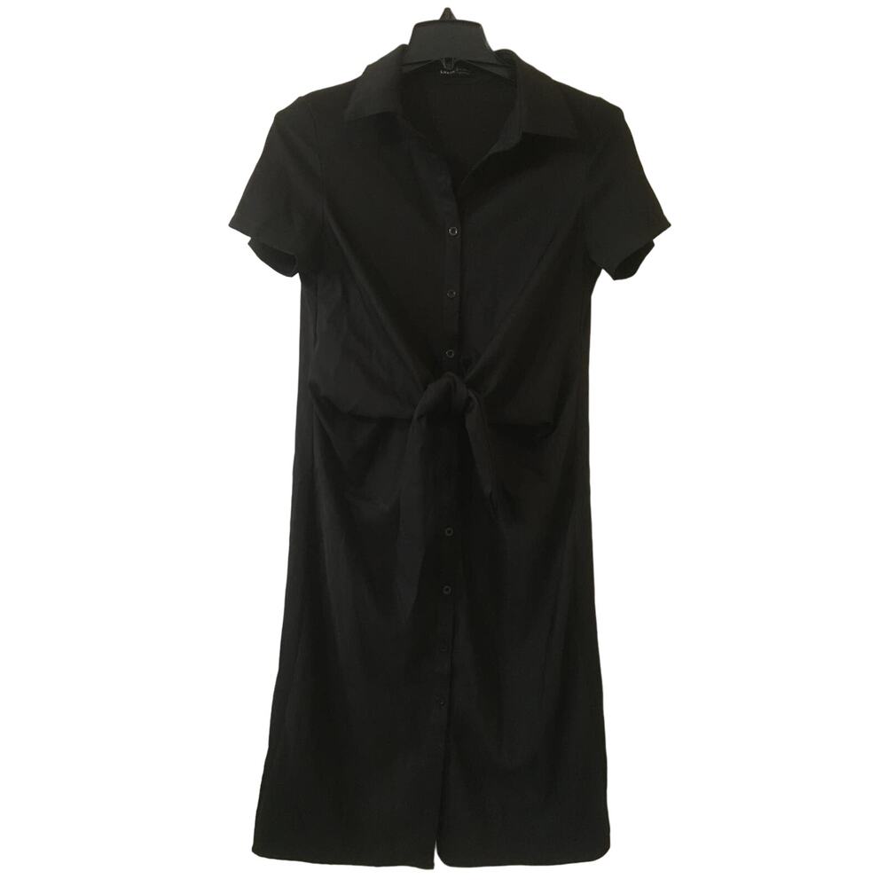 Shein Size Medium Button Up Tie at the Waist Short Sleeve Collared Black Dress